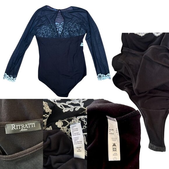 Ritratti Milano Italian Black Sheer Lace Bodysuit Blouse EUC made in italy LARGE - Picture 6 of 6